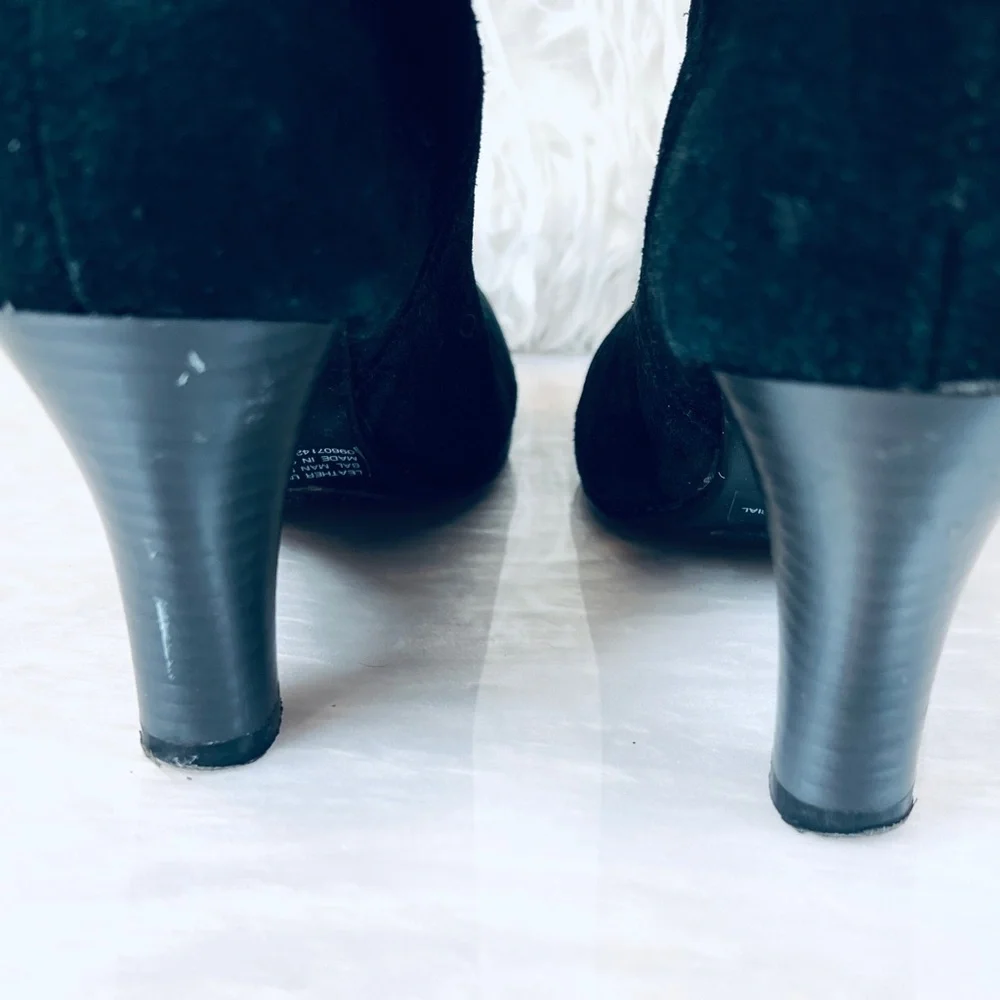 VINTAGE Rocker CHIC sz 7M Black Suede Leather Gathered High Heeled Boots